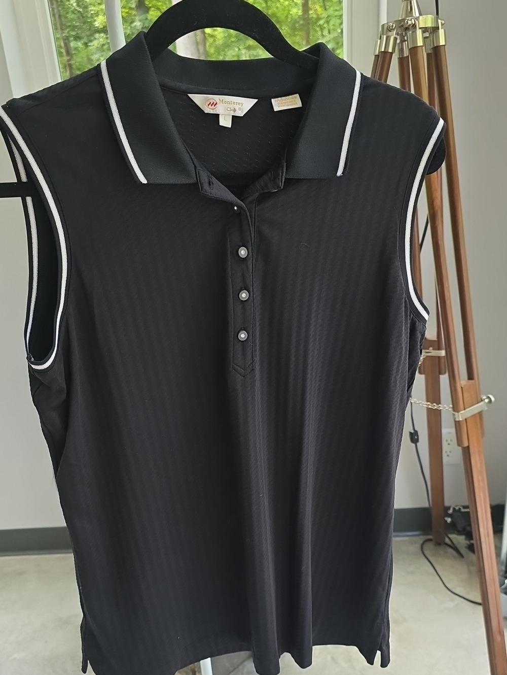 Monterey Club Sleeveless Black Polo Golf Top with Rhinestone Accent Buttons